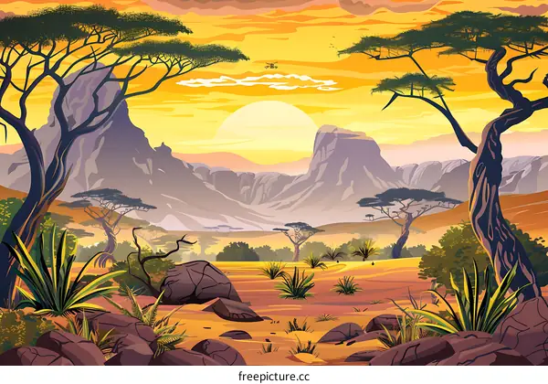African Savannah Landscape Sunset Illustration