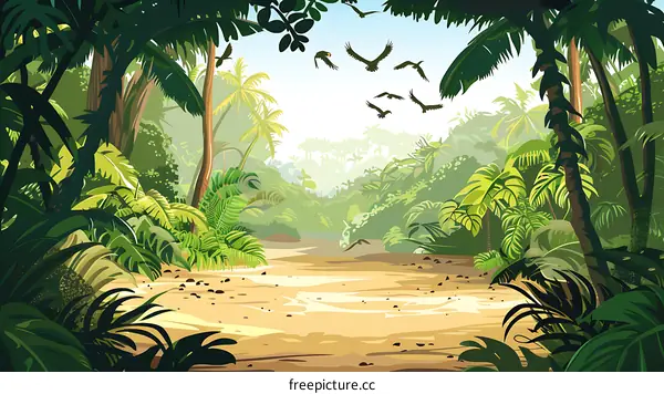 Jungle Landscape With Palm Trees And Flying Birds