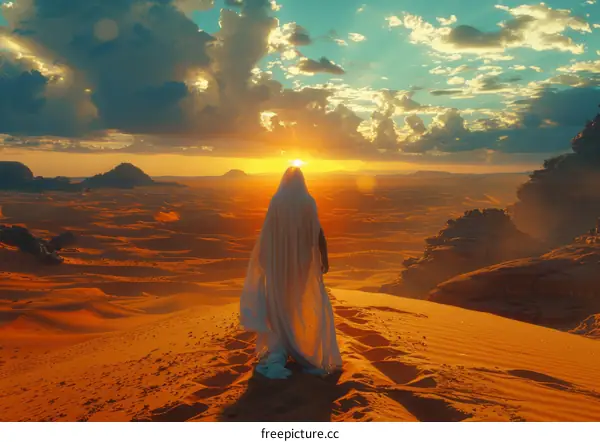 Solitude in the Desert: A Person Standing on a Sand Dune at Sunset