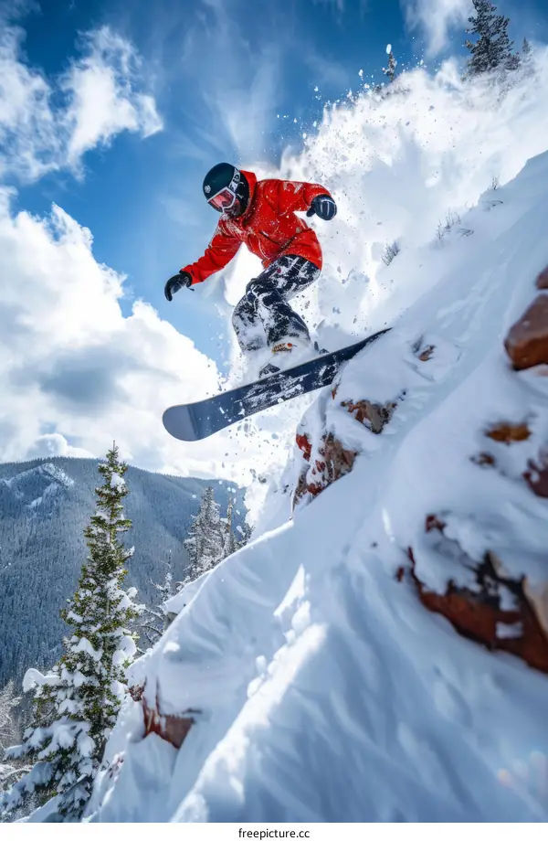 Man in red jacket snowboarding down a steep snow slope
