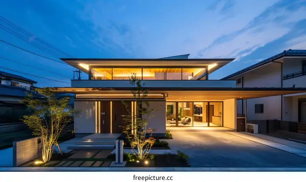 Modern Japanese House Exterior With Evening Sky