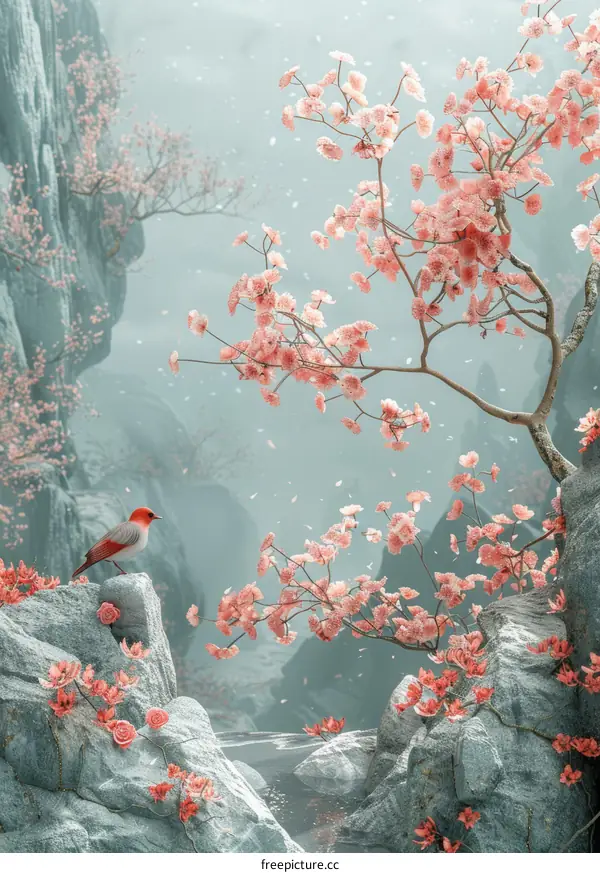 Red Bird and Peach Blossoms in Spring Mountain Stream