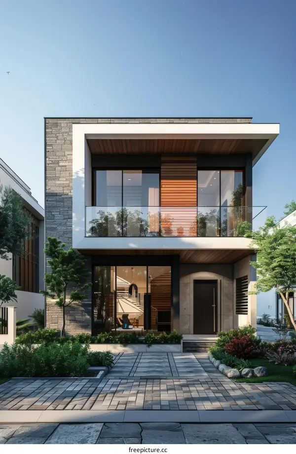 Modern House Exterior with Balcony and Landscaping
