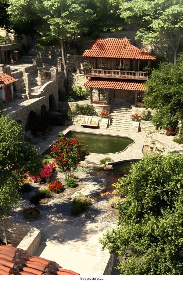 Stone House Garden With a Small Pool