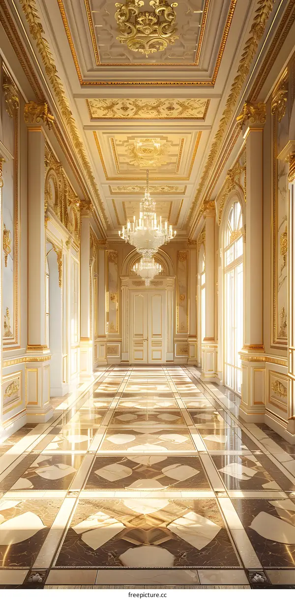 Classic Elegant Grand Hall with Gold Trim and Chandelier