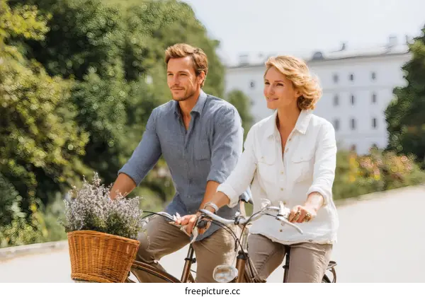 Couple Cycling Through a Park