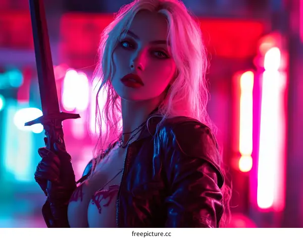 Woman with Sword in Neon Light Cyberpunk Style
