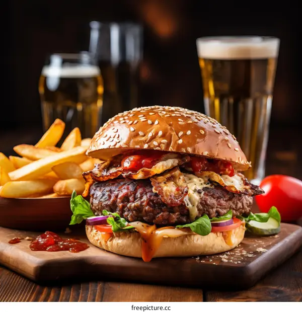 Homemade Hamburger with Bacon and Fries