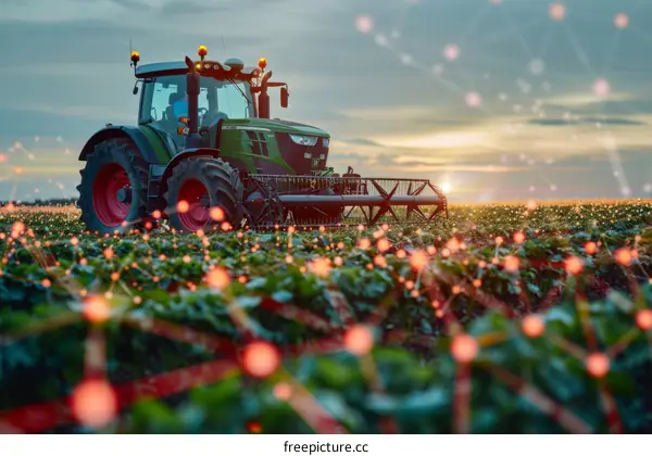 Tractor Operating in a Field during Sunset under a Starry Sky