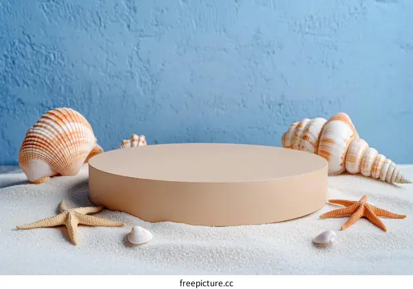 Beige Display Stand on Sandy Beach with Seashells