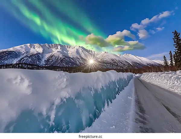 Snowy Road with Aurora Borealis and Mountain Range in Alaska