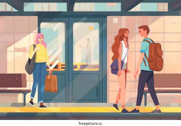 Three People Waiting at Train Station Platform