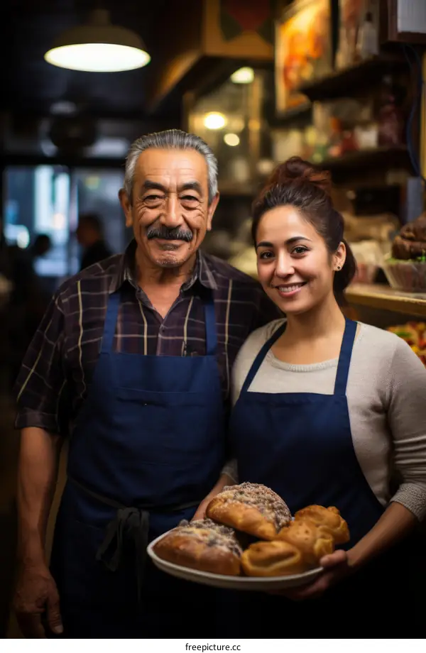 Portrait of a smiling Hispanic father and daughter in a bakery
