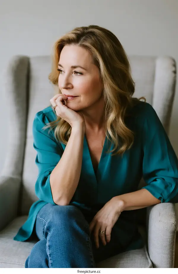 A woman sitting comfortably on a light gray armchair with a relaxed expression