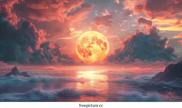 Fantasy Landscape with a Crimson Moon over the Ocean
