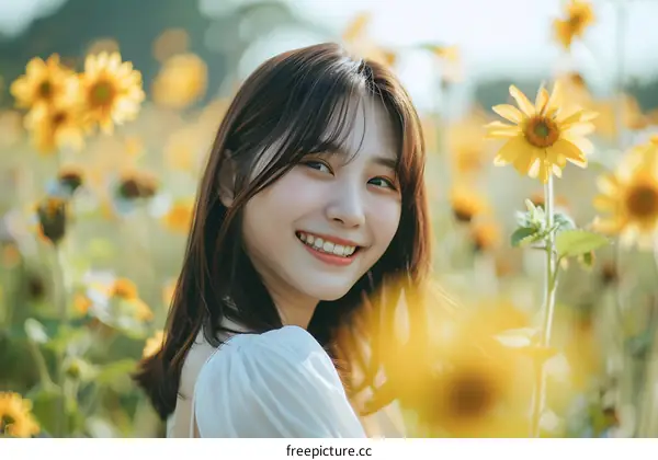 Happy Woman In A Sunflower Field