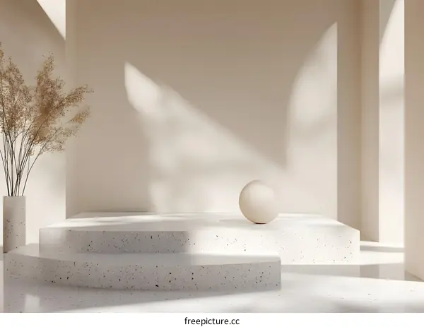 Minimalist White Platform With Sphere And Dried Flowers