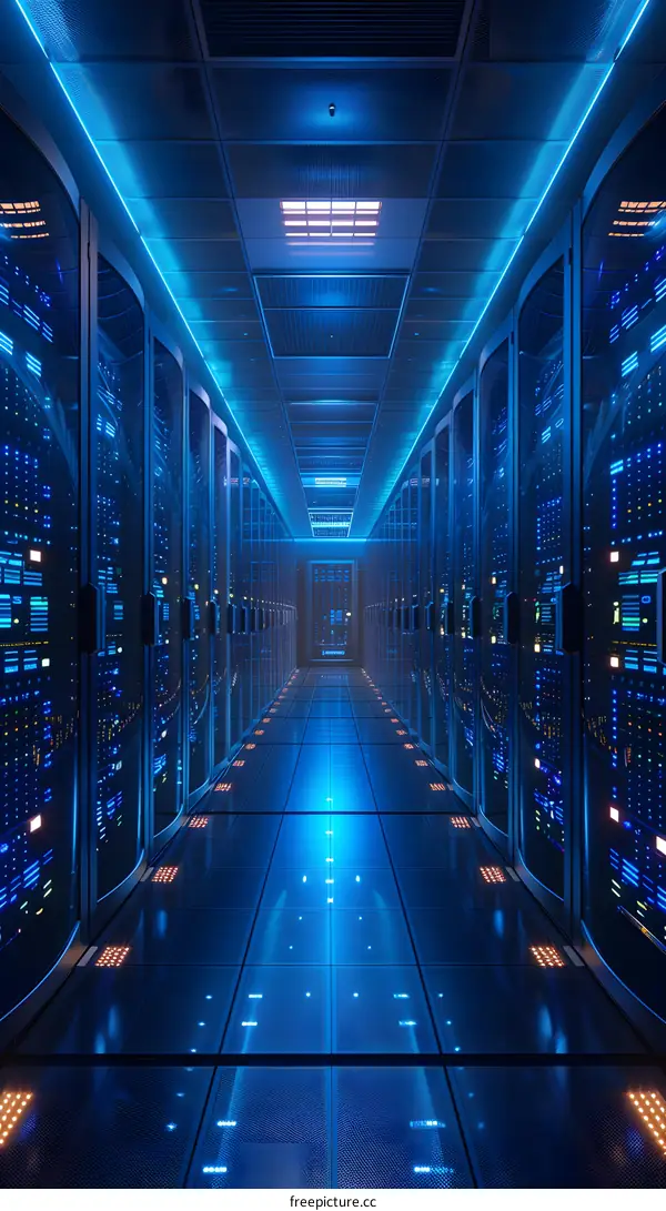 Blue Illuminated Server Room Corridor