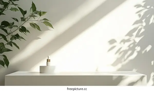 Minimalist Cosmetic Product Showcase with Sunlight and Plant Shadow