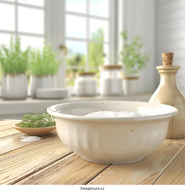 White Bowl of Flour on Wooden Table with Plants in Background