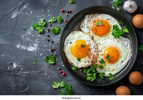 Three fried eggs in a black frying pan with parsley and spices