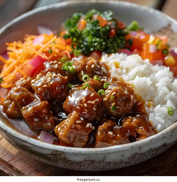 delicious food photography of a bowl of food with rice, vegetables, and meat