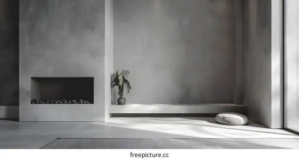 Minimalist Grey Room Interior Design With Fireplace And Bench