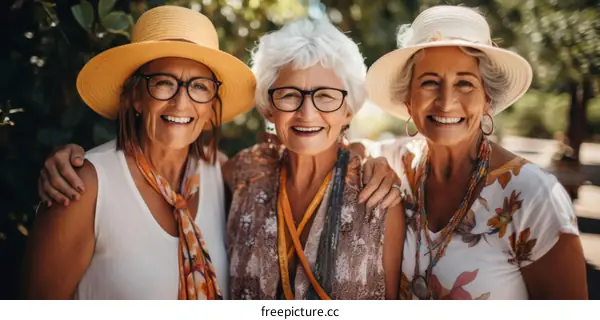 Three elderly women wearing hats and glasses are smiling and embracing each other.