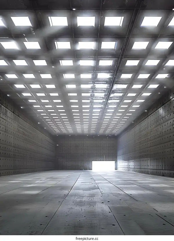 Empty Warehouse Interior with Light Panels on Ceiling