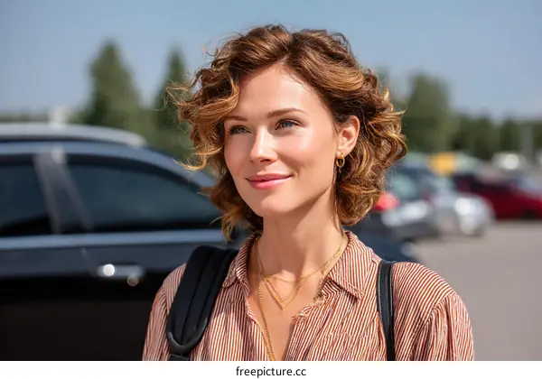 Smiling Caucasian Woman Outdoors in Parking Lot