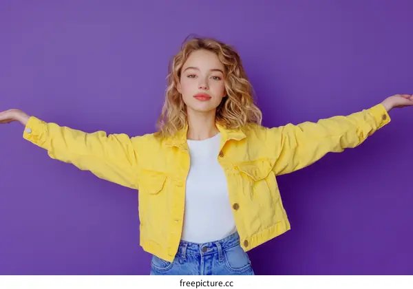 Young Woman in Trendy Yellow Jacket against Purple Background