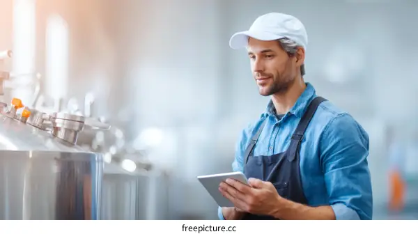 Factory Worker Using Digital Tablet in Industrial Setting