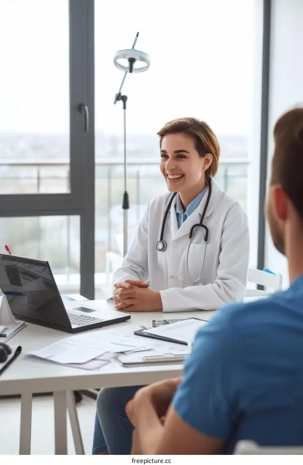 Cheerful female doctor talking to patient in modern clinic
