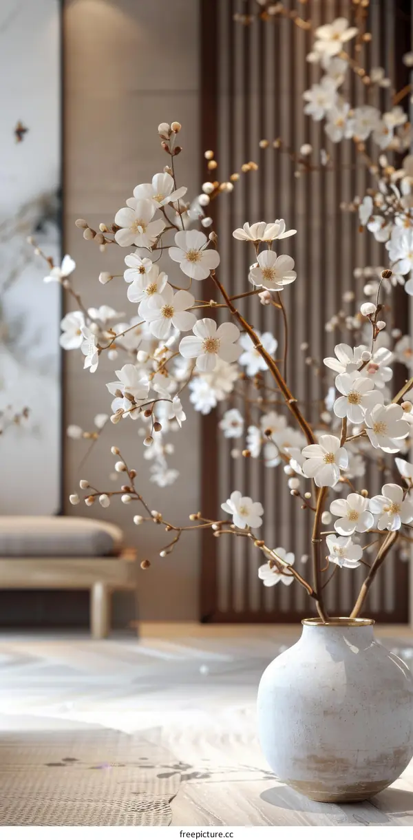 White Flowers in a Vase on a Wooden Table