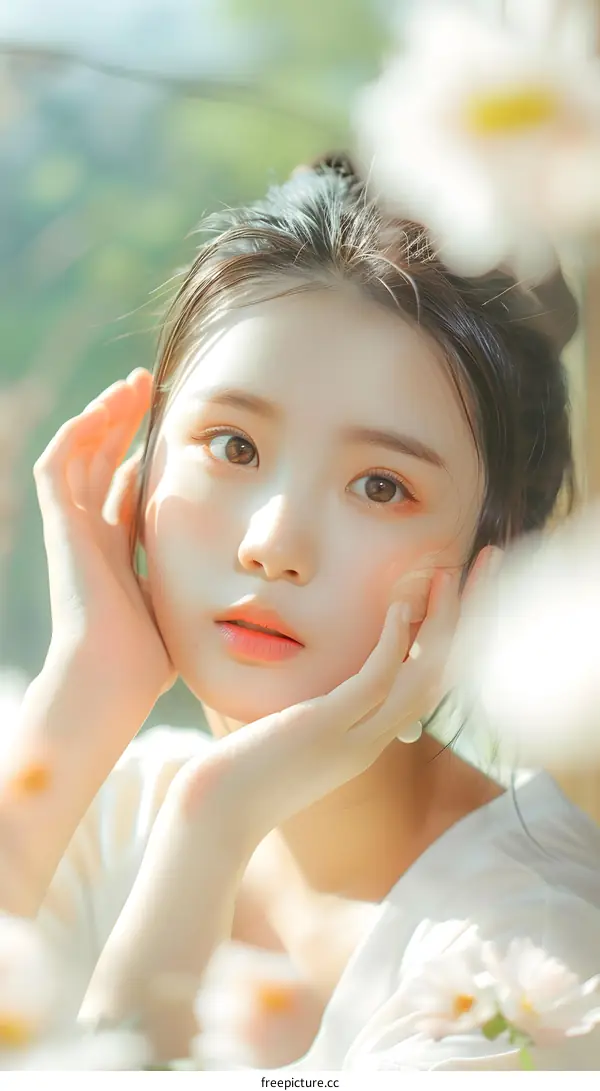 Beautiful Asian Woman Portrait with Flowers in Soft Sunlight