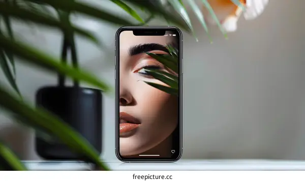 Close Up of Woman s Eye With Green Leaves Behind It On Phone Screen