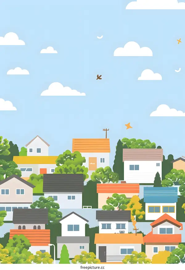 Cute Illustration of a Suburban Neighborhood with Houses and Trees