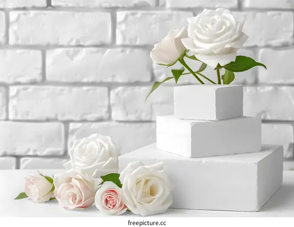 White Roses on White Cubes With Brick Background