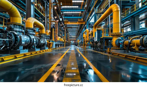 Industrial Interior with Yellow Pipes and Elevated Walkways