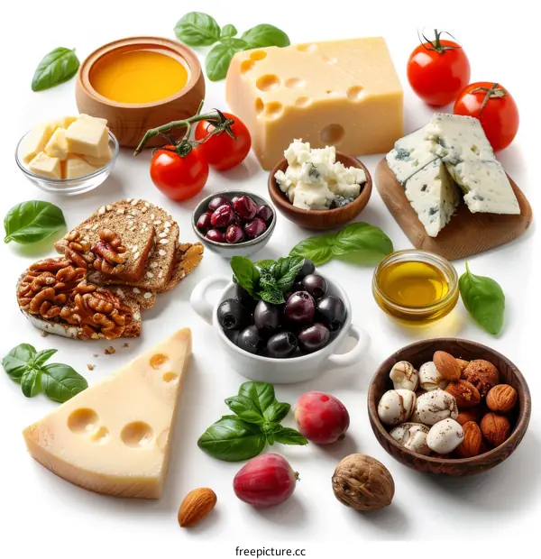 Assortment Of Cheeses, Olives, Nuts And Fruits On White Background