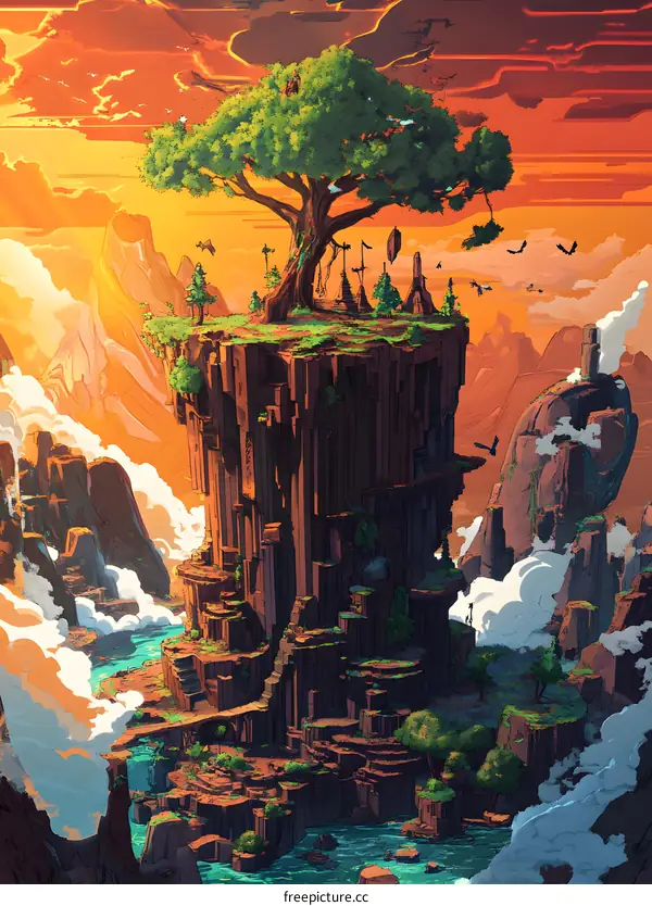 Fantasy Landscape with Floating Mountain and Tree