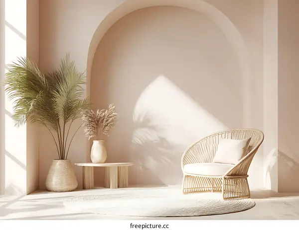 Minimalist Living Room Interior Design With Beige Colors And Wicker Chair