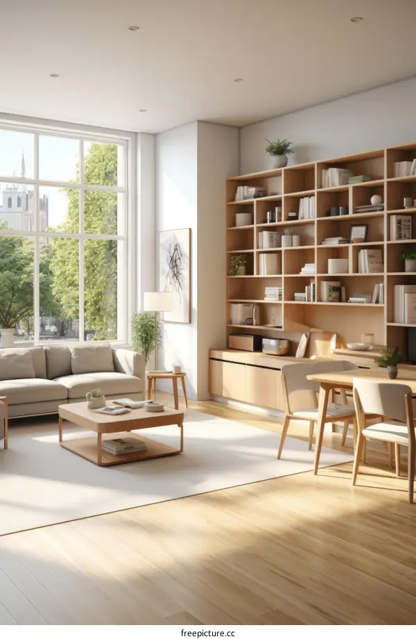 Airy and bright living room with large windows and bookshelves