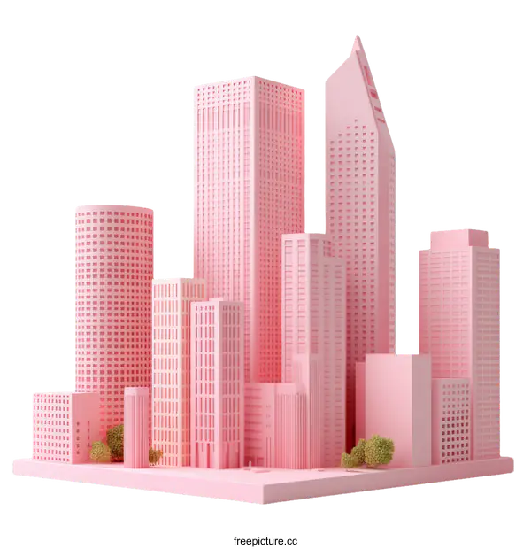 [Transparent Background PNG]Pink Cityscape Illustration with Modern Architecture
