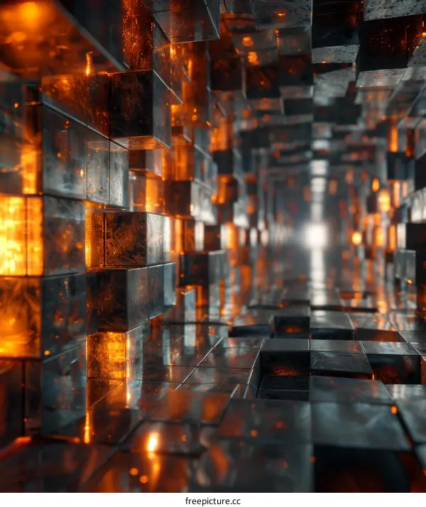 Abstract 3D rendering of a futuristic sci-fi tunnel made of glowing cubes.