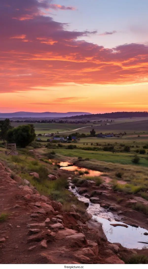 Small river flowing through a rocky valley at sunset