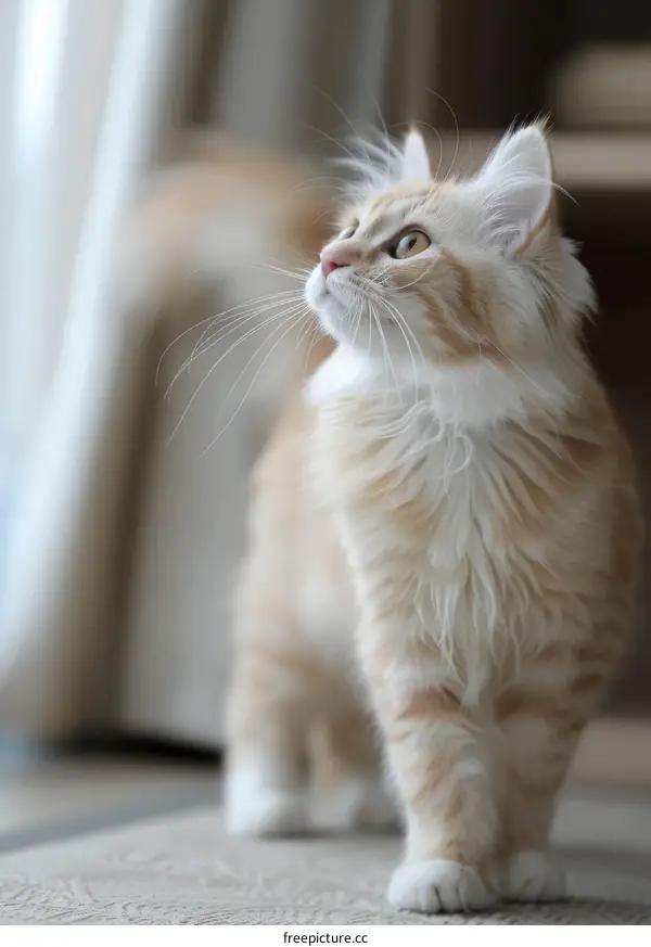 A ginger cat is looking up at something