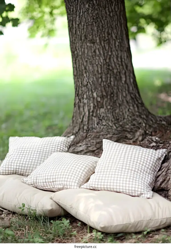 Outdoor Gingham Pillows Under Tree