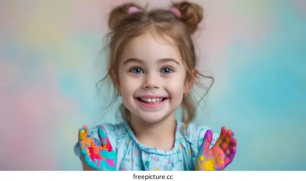 Little girl with painted hands smiling