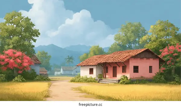 A Peaceful Rural Village Scene Illustration